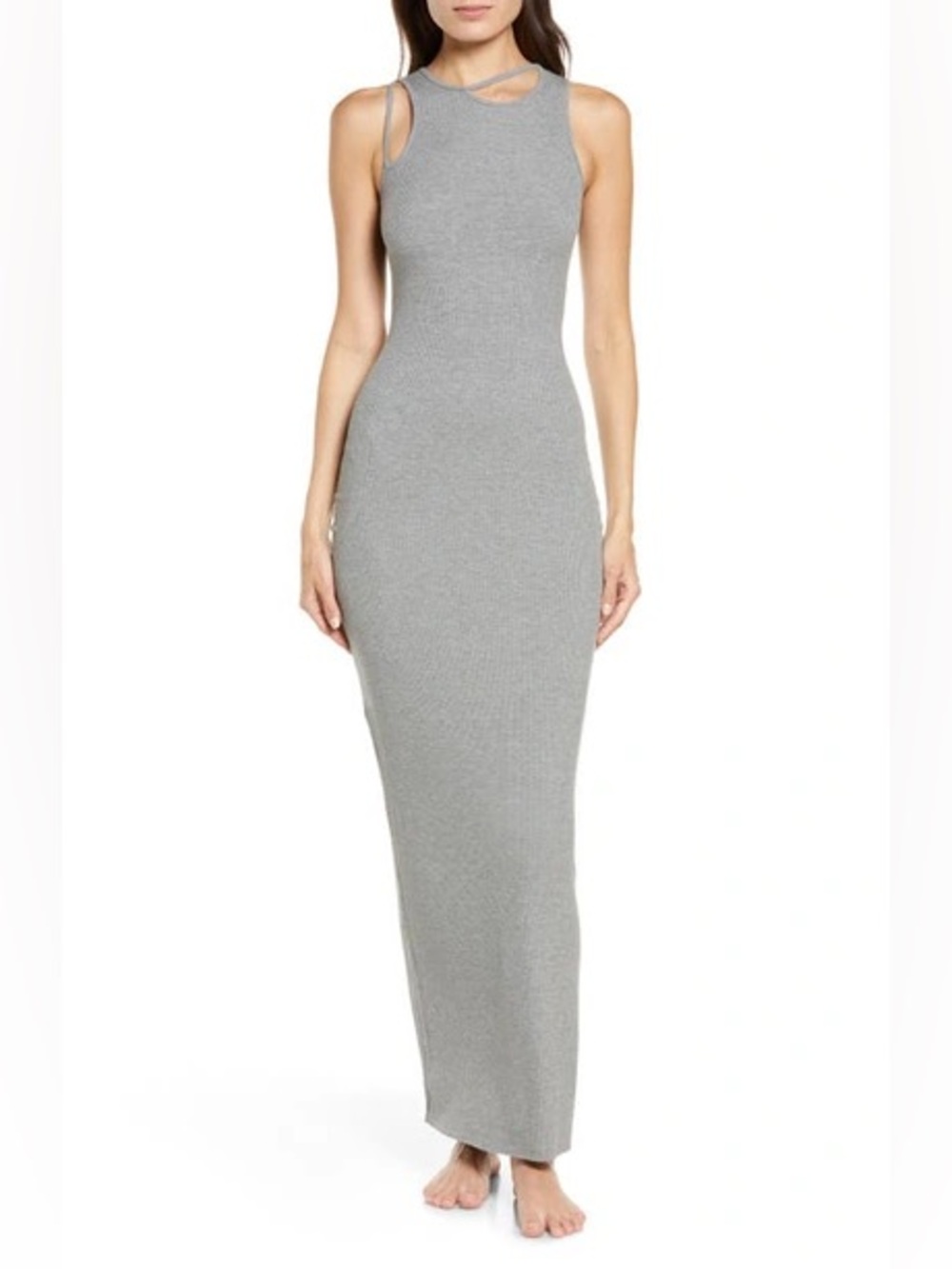 Skims Soft Lounge Rib Cutout Collection Nightgown Long Slip Dress Heather Grey M